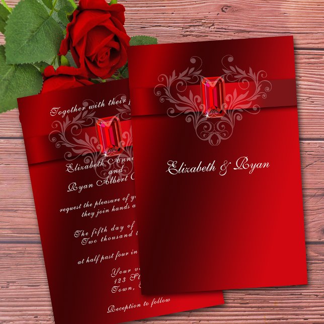 Wedding Red Satin Ribbon Sparkling Ruby Einladung (Von Creator hochgeladen)