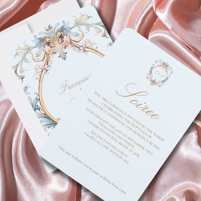 Wedding Regency Blue Monogram Elegante Einladung (Von Creator hochgeladen)