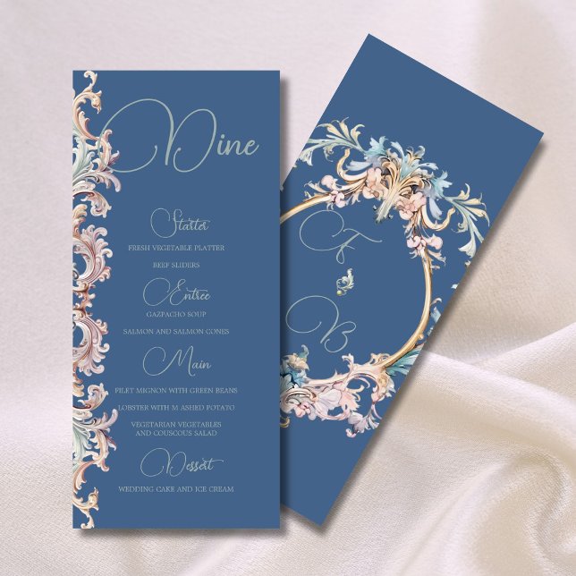 Wedding Regency Era Dusty Blue Monogram Menu Menükarte (Von Creator hochgeladen)