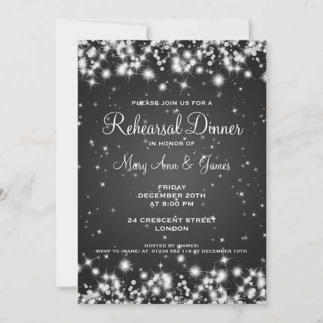 Wedding Rehearsal Dinner Winter Sparkle Black Einladung (Vorderseite)