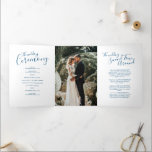 Wedding renewal ceremony blue and white program dreifach-gefaltete programmkarte<br><div class="desc">A six-page modern script text with little hearts wedding renewal program in blue and white. Edit this wedding program with your own wedding renewal names,  dates,  introduction,  ceremony wording,  wedding party attendants,  photo of your first elopement or restricted wedding,  and yours thanks. Original design by www.mylittleedenweddings.com</div>