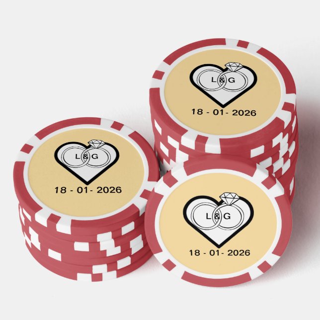 Wedding rings in a heart with date and Initials Pokerchips (Stapel)