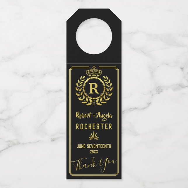 Wedding Royal Crown Laurel Wreath | Gold Black Flaschenanhänger (Vorderseite)