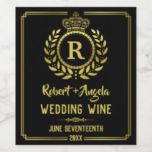 Wedding Royal Crown Laurel Wreath Gold Black Weinetikett
