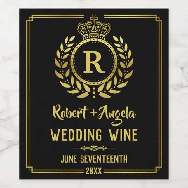 Wedding Royal Crown Laurel Wreath Gold Black Weinetikett (Einzelnes Label)