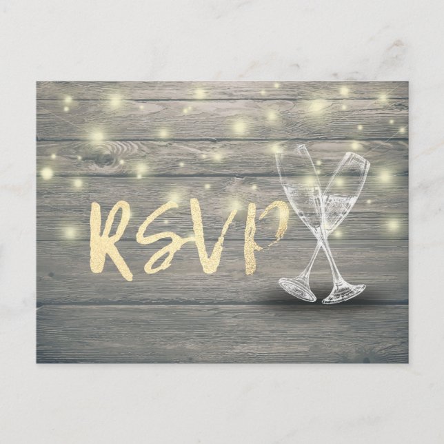 Wedding RSVP Champagne Brillen Wood String Lights Einladungspostkarte (Vorderseite)
