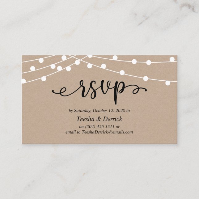 Wedding RSVP, Rustic Kraft String Lights Begleitkarte (Vorderseite)