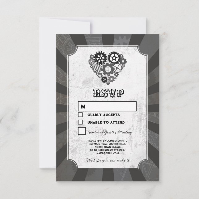 Wedding RSVP Steampunk Wedding Hearts Cogs Retro Einladung (Vorderseite)