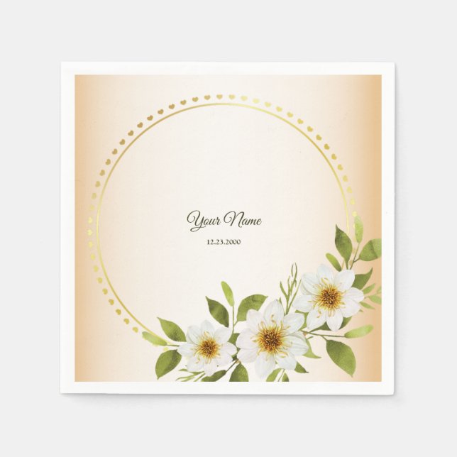 Wedding Rustic Golden Geometric White Floral Peach Serviette (Vorderseite)