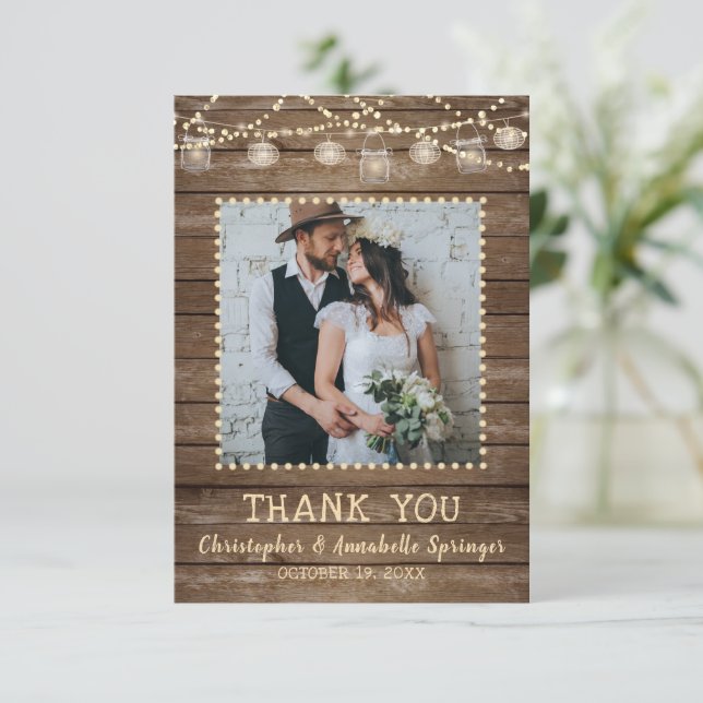 Wedding Rustic Wood Mason Jar Lights Vielen Dank Dankeskarte (Stehend Vorderseite)