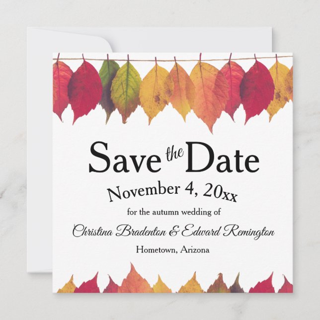 Wedding Save the Date Autumn Leaves on String Ankündigung (Vorderseite)