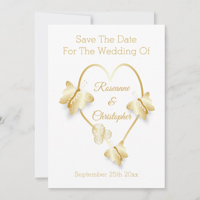 Wedding Save The Date Gold Colour Heart Butterfly (Vorderseite)