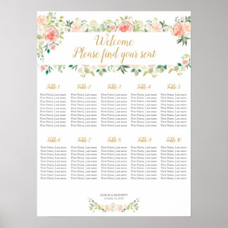 Wedding seating chart 10 tables | Blush roses Poster