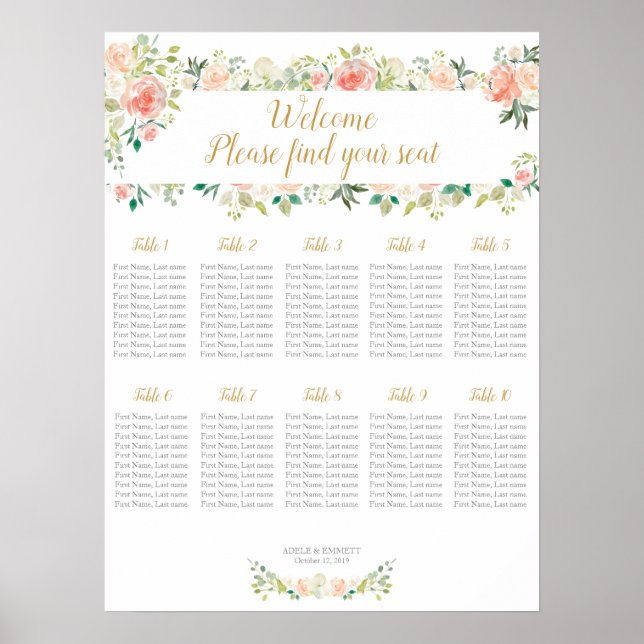 Wedding seating chart 10 tables | Blush roses Poster (Vorne)