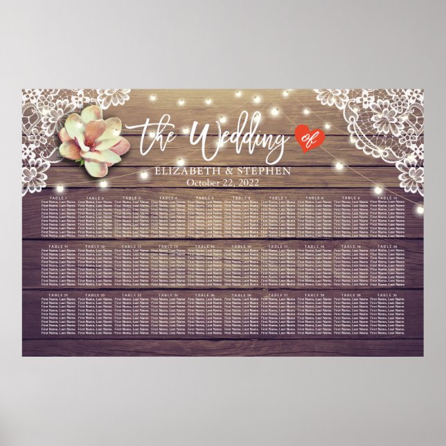 Wedding Seating Chart Chic Floral Lights Wood Lace Poster (Vorne)