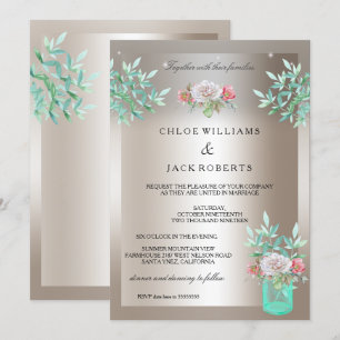 Wedding Sepia Aquamarin Floral Mason Jar Pink Rose Einladung