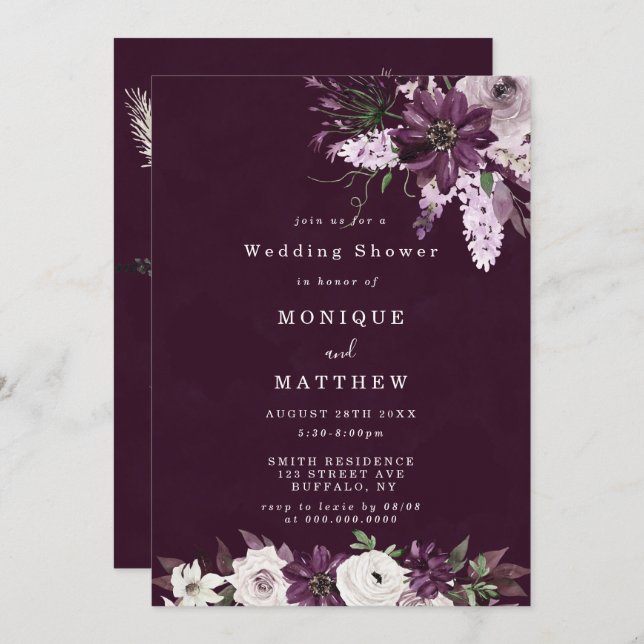 Wedding showers violets et blancs Invitations (Devant / Derrière)
