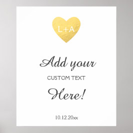 Wedding sign custom text, faux gold heart template poster