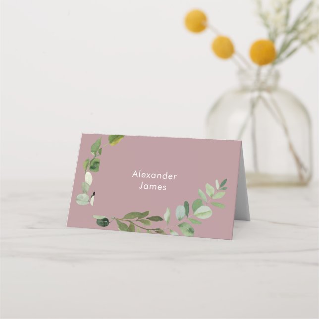 Wedding Simple Foliage Individuelle Name Dusty Ros Platzkarte (Vorderseite)