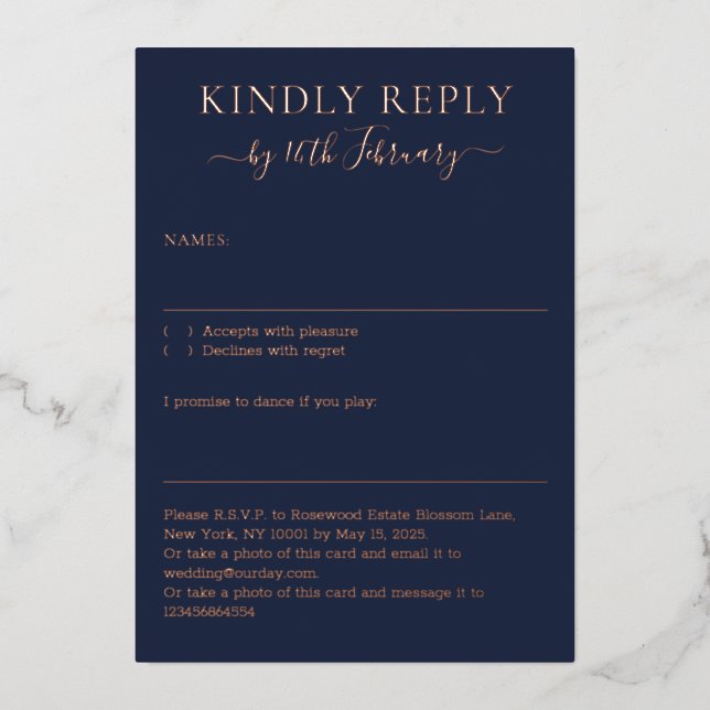 Wedding Simple Midnight Blue Navy Kindly Reply Folieneinladung (Vorderseite)