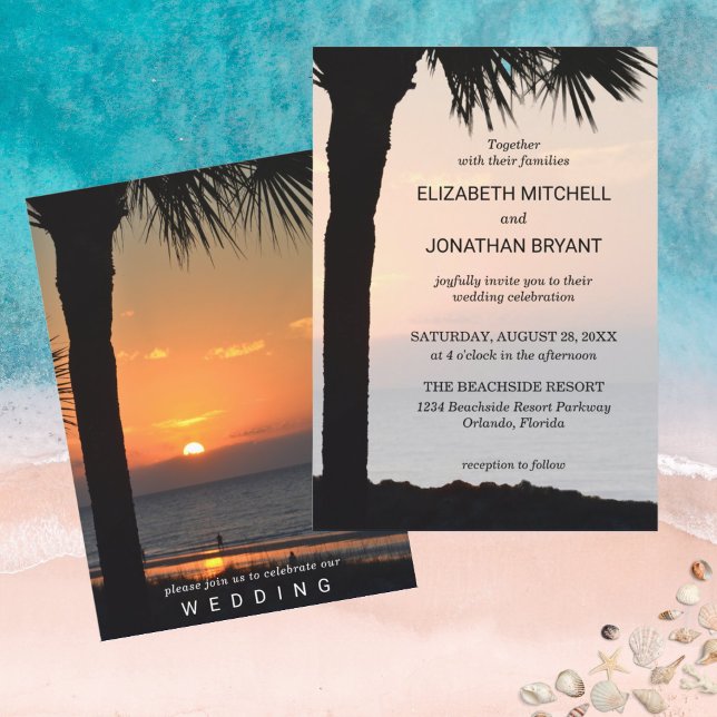 Wedding Sunset w/Palm Tree Silhouette Beach Szene Einladung (Von Creator hochgeladen)