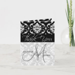 Wedding Thank You Cards Black Damask Monogram Dankeskarte