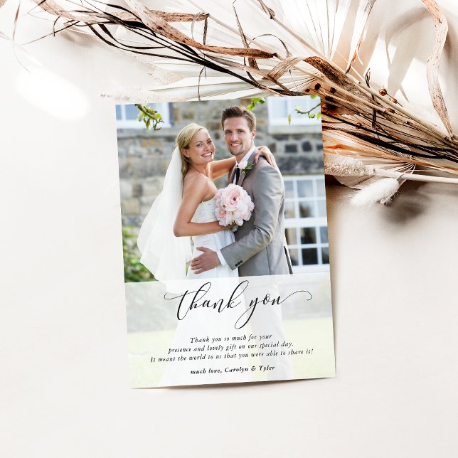 WEDDING THANK YOU foto calligraphy chic overlay Dankeskarte (Von Creator hochgeladen)