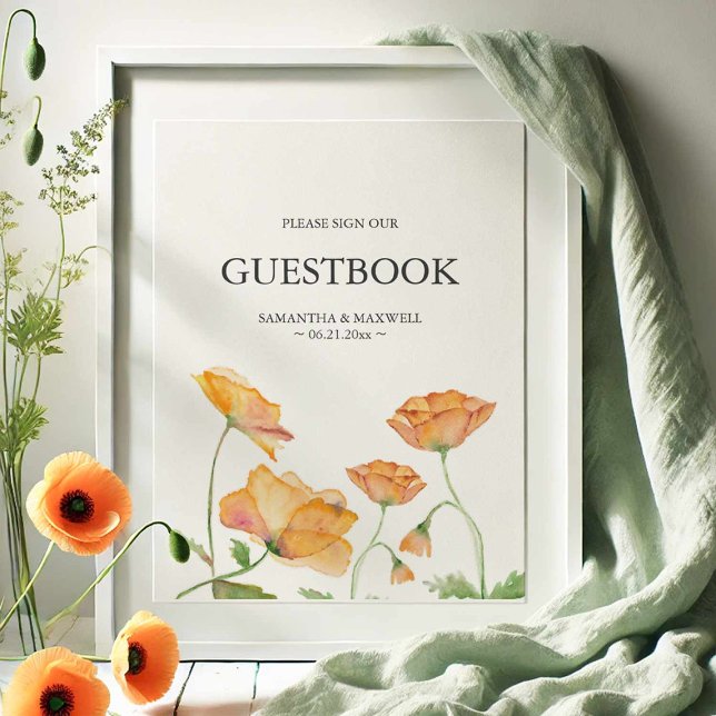 Wedding Theme Orange Blume Gästebuchsignatur Poster (Wedding guestbook sign watercolor orange poppy flower art by Victoria Grigaliunas Do Tell A Belle)