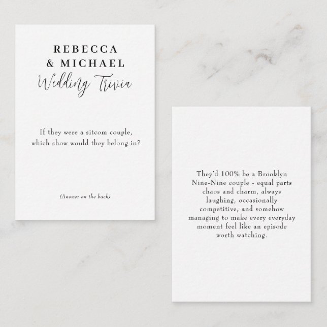 Wedding Trivia Game Modern Script Fun Facts Mitteilungskarte (Vorne/Hinten)