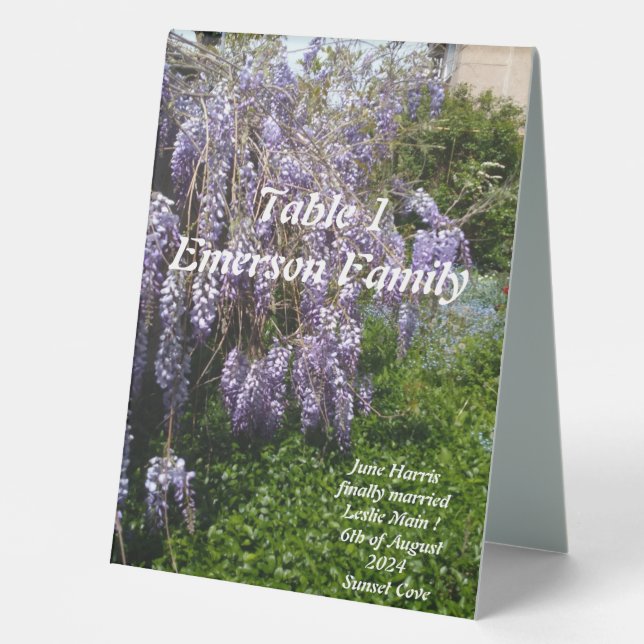 Wedding Violet Wisteria Photo Place Cards Tischaufsteller (Vorderseite)