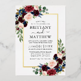 Wedding Watercolor Burgundy Blue Floral Gold Folieneinladung