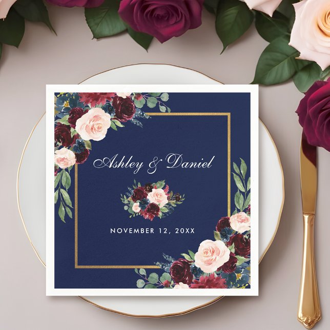 Wedding Watercolor Burgundy Blue Floral Gold Serviette (Customize to change text size, style, color or to add more text.)