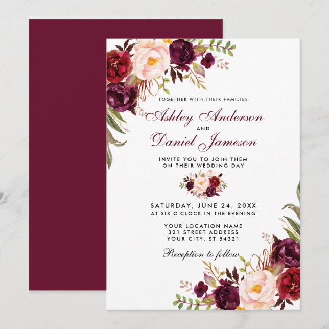 Wedding Watercolor Burgundy Floral Einladung (Vorne/Hinten)