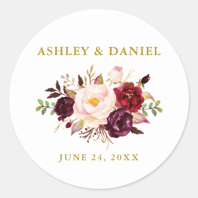 Wedding Watercolor Burgundy Floral Gold Runder Aufkleber (Vorderseite)