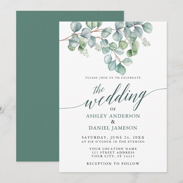 Wedding Watercolor Eukalyptus Greenery Calligraphy Einladung (Vorne/Hinten)