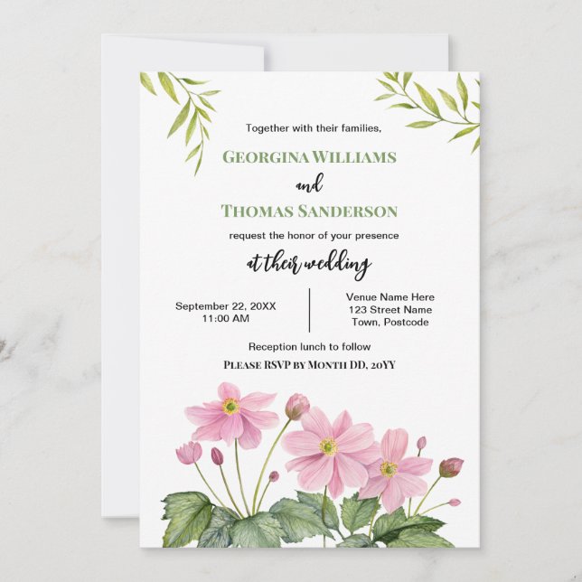 Wedding Watercolor Pink Japanischer Anemone Einladung (Vorderseite)
