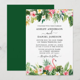 Wedding Watercolor Tropical Floral Flamingo Green Einladung