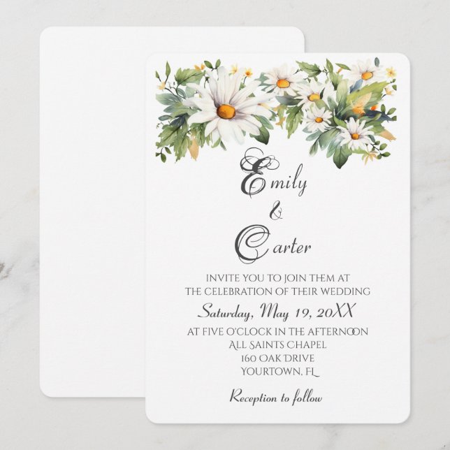 Wedding Watercolor White Daisies Einladung (Vorne/Hinten)