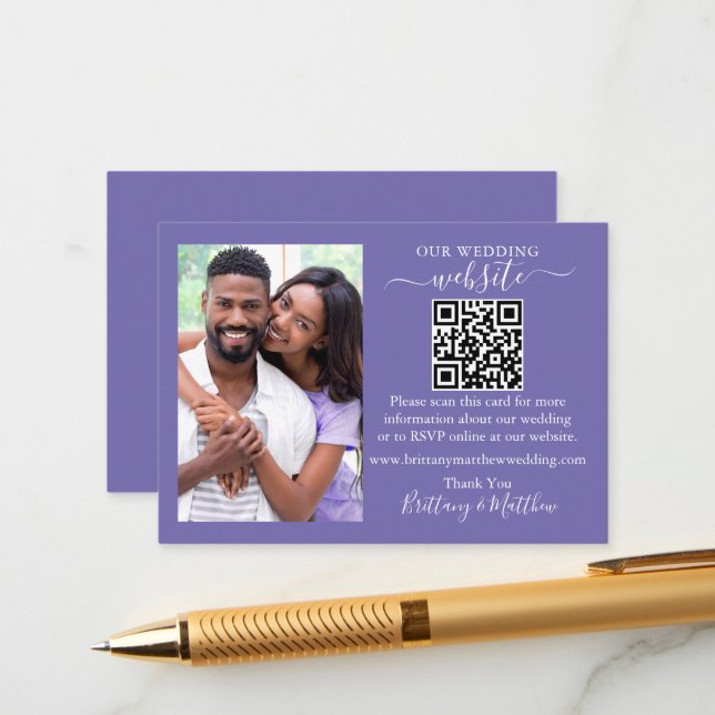 Wedding Website Minimalistisch QR Foto Periwinkle Begleitkarte (Vorderseite/Rückseite Beispiel)