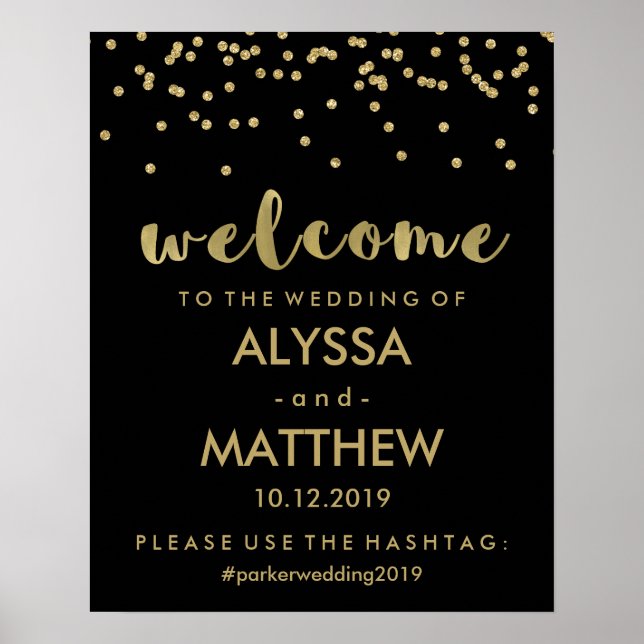 Wedding Welcome and Hashtag | Black and Gold Poster (Vorne)