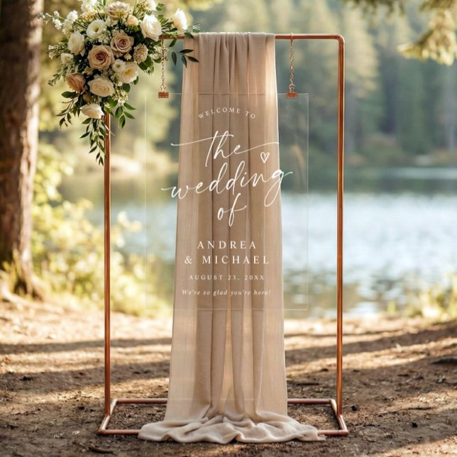 Wedding Welcome Modern Handwriting Heart Acrylschild (Clear acrylic wedding welcome sign with hand lettered script and heart accent)
