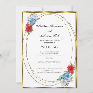 Wedding White Blue Red Flowers gold Elegant  Einladung