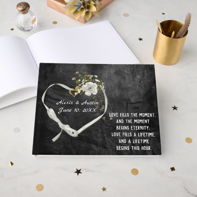 Wedding White Rose and Heart with Flowers Gästebuch (Vorderseite Offen)