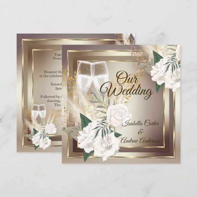 Wedding White Rose Champagne Gold Bronze Einladung (Vorne/Hinten)