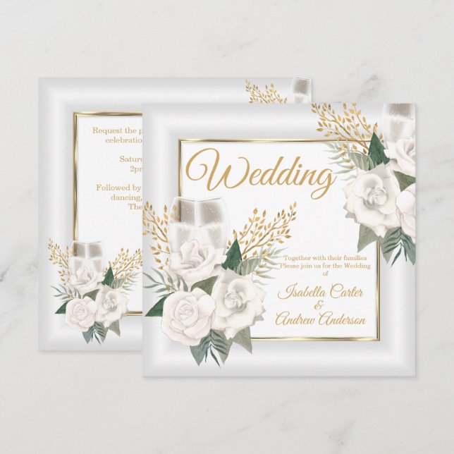 Wedding White Rose Floral Champagne Gold Einladung (Vorne/Hinten)