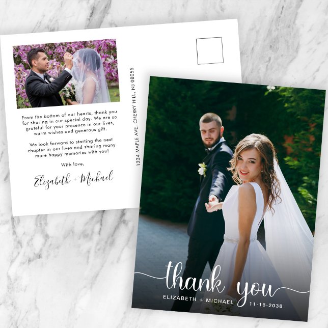 Wedding White Script Foto Overlay Vielen Dank Postkarte (Von Creator hochgeladen)