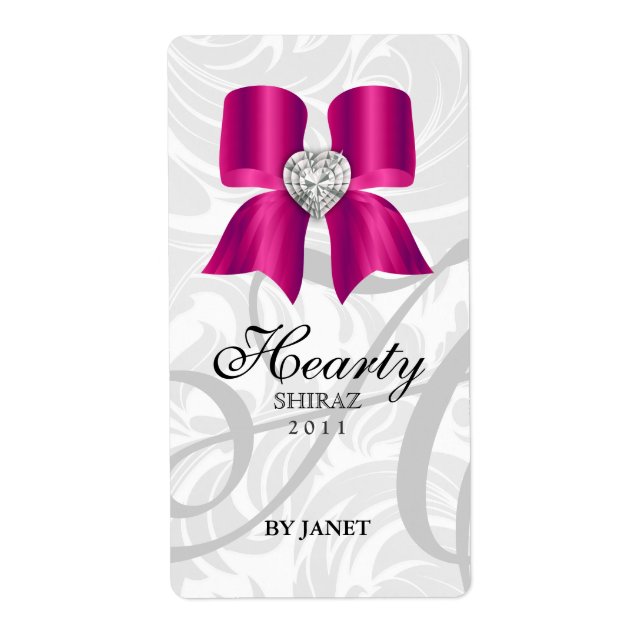 Wedding Wine Label Jewel Bow Herzrosa (Vorne)