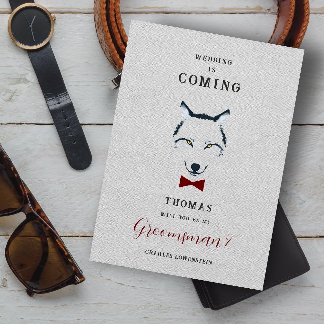 Wedding Wolf Groomsman Grey Shades Red Bow Tie  (Grey Shades Groomsman Proposal Card with Red Bow Tie Featuring Wedding Wolf Design. )