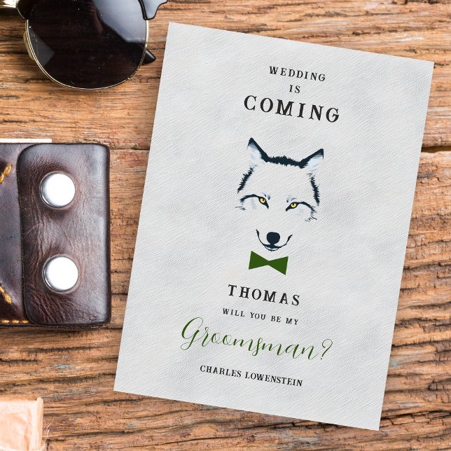 Wedding Wolf Trauzeuge Gray Shades Green Bow (Grey Shades Groosman Proposal Card with Green Bow Tie Featuring Wedding Wolf Design.)
