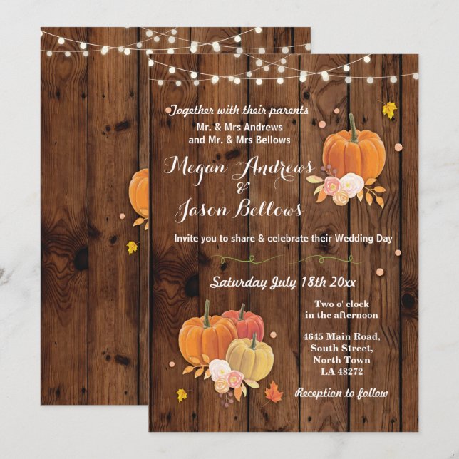 Wedding Wood Rustic Pumpkin Herbst Einladung (Vorne/Hinten)